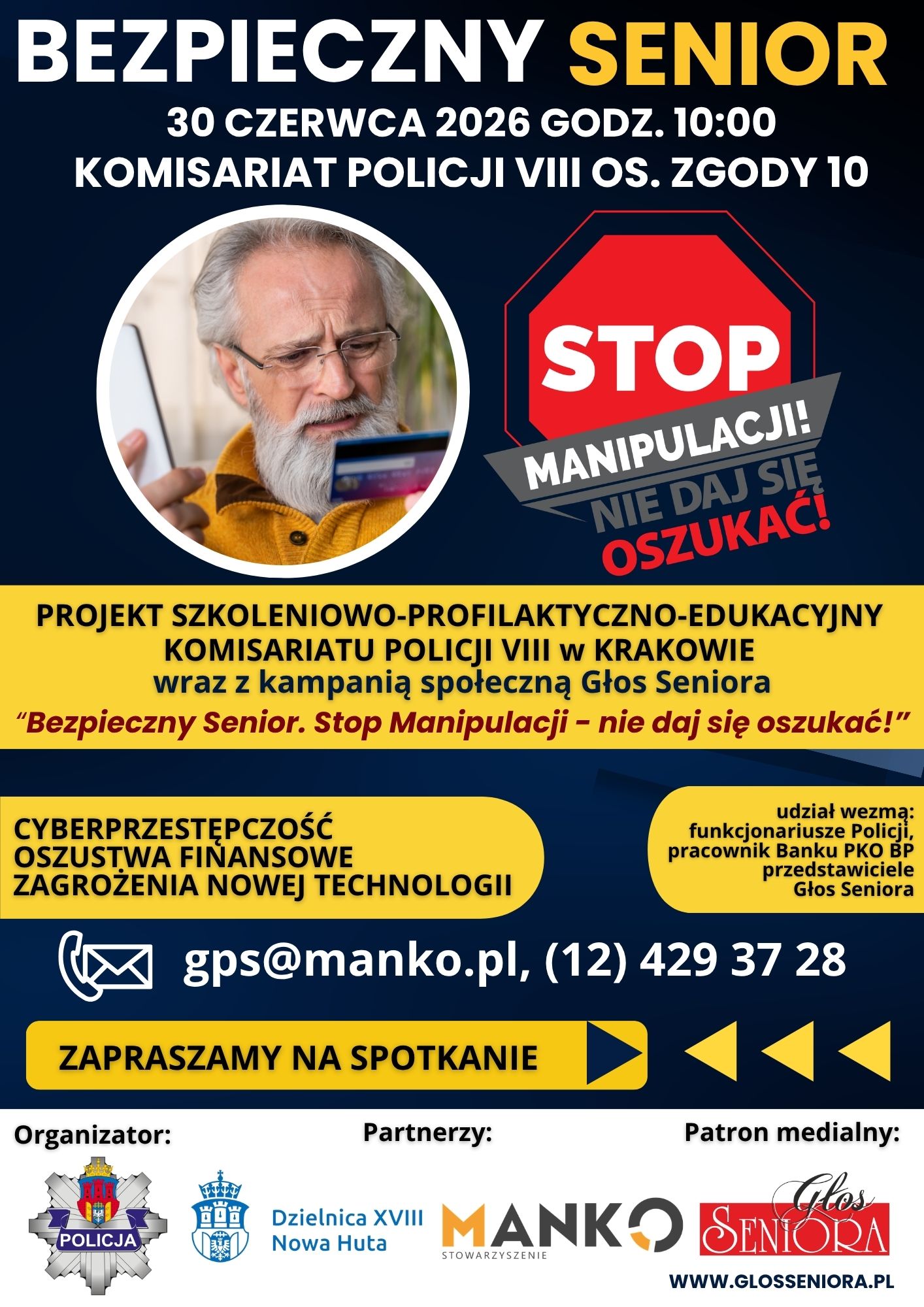 Plakat: BEZPIECZNY SENIOR w Nowej Hucie z Komisariatem